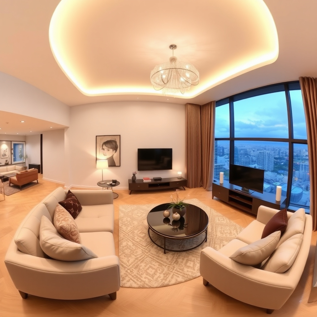 360 degree panoramic view of a luxury apartment living room