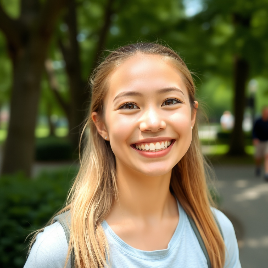 A friendly young woman smiling at the park