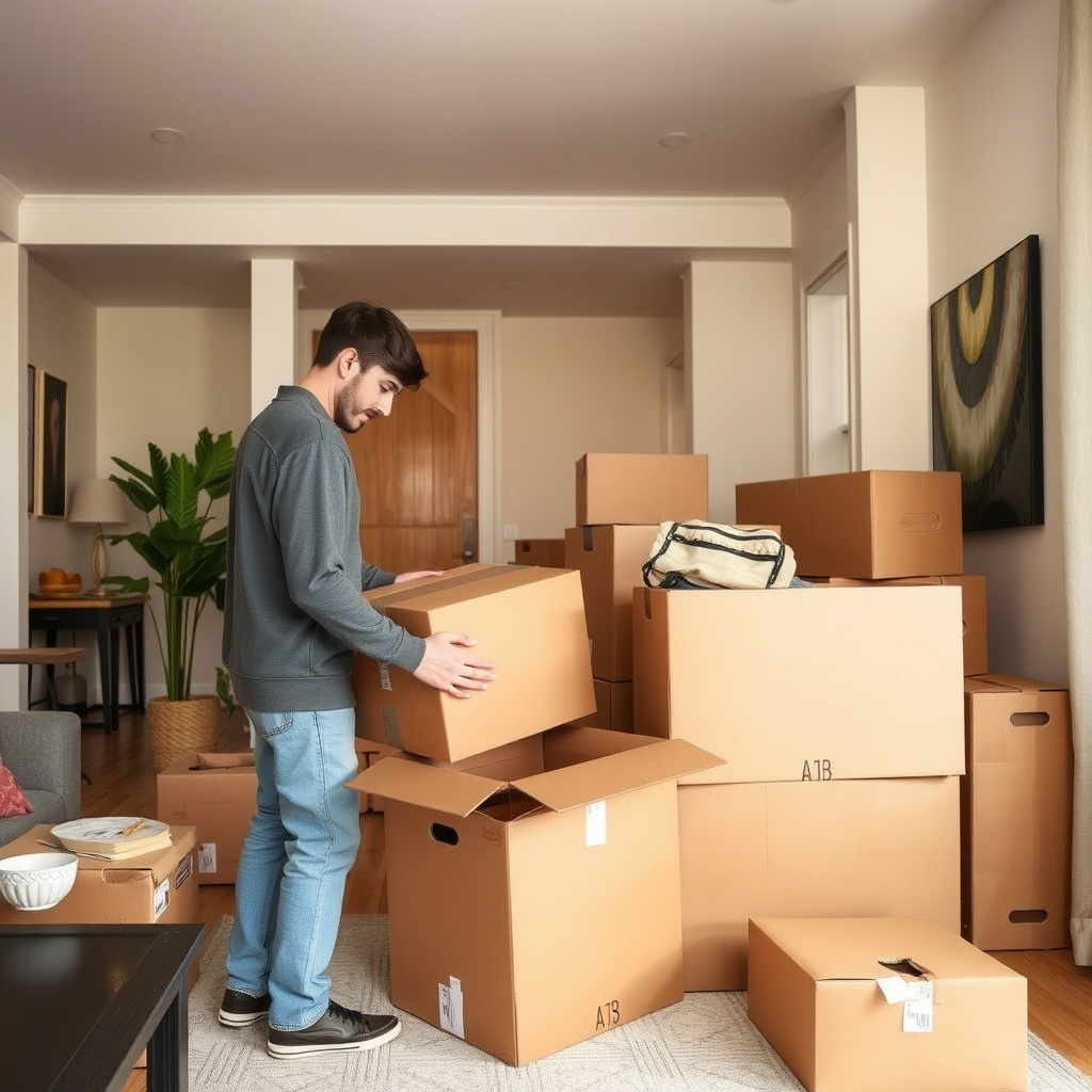A person unpacking boxes in a new apartment