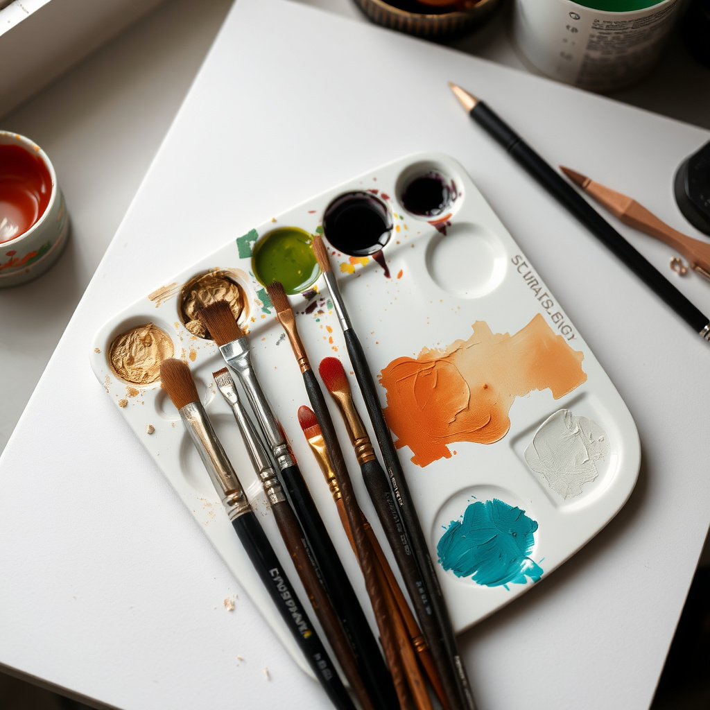 A palette and paint brushes on a desk