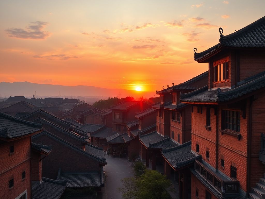 Sunset view of Zhangzhou ancient city with traditional Minnan red brick houses