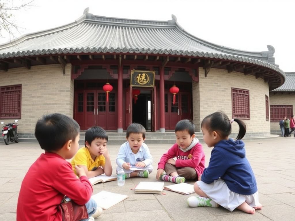 Children learning in front of a round Fujian tulou building