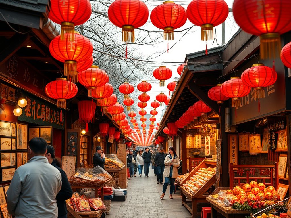 Festive Minnan intangible heritage market with red lanterns and craft stalls