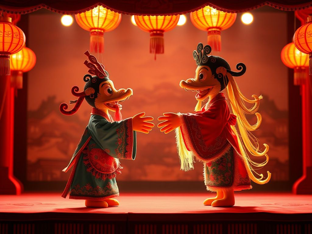 Traditional Chinese glove puppet performance on a brightly lit stage