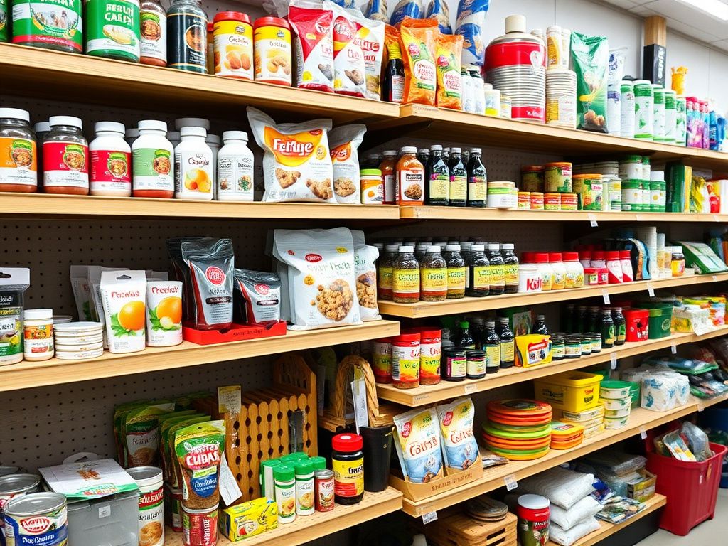 Assorted useful daily general merchandise on display shelves