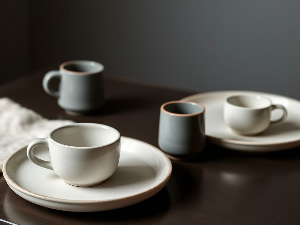 Minimalist tableware set with ceramic cups and plates