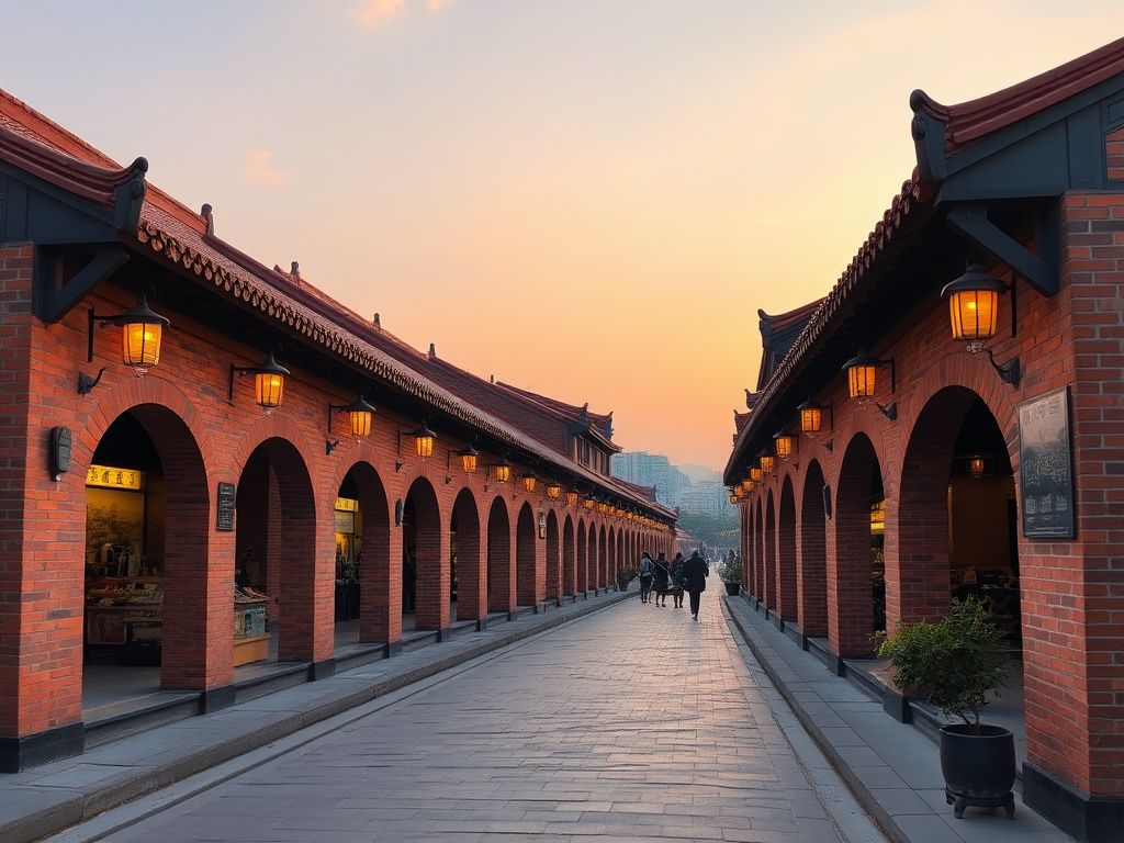 Zhangzhou ancient city red brick arcade at dusk