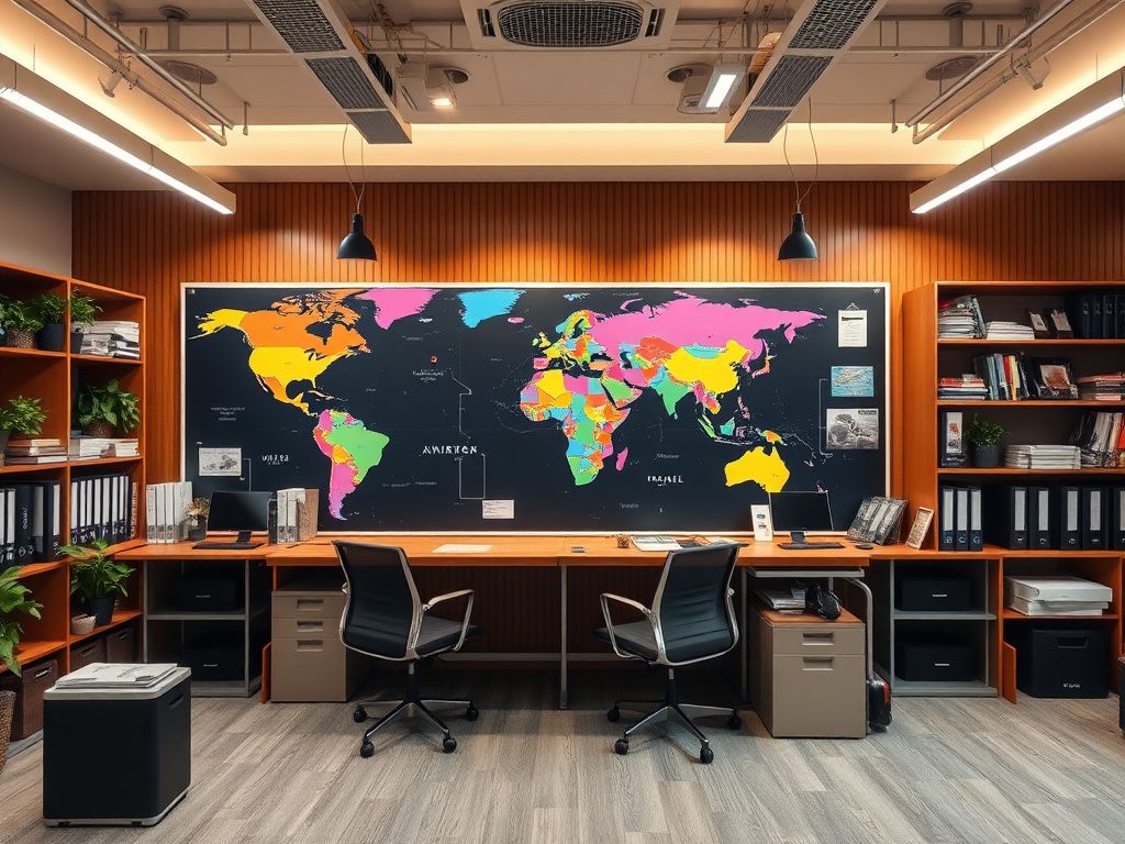 Organized international trade office workspace with global map