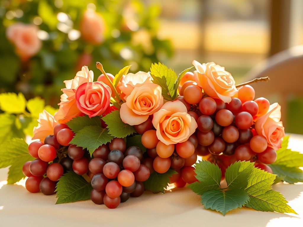 Premium sunshine rose grapes on a warm cream table with green leaves