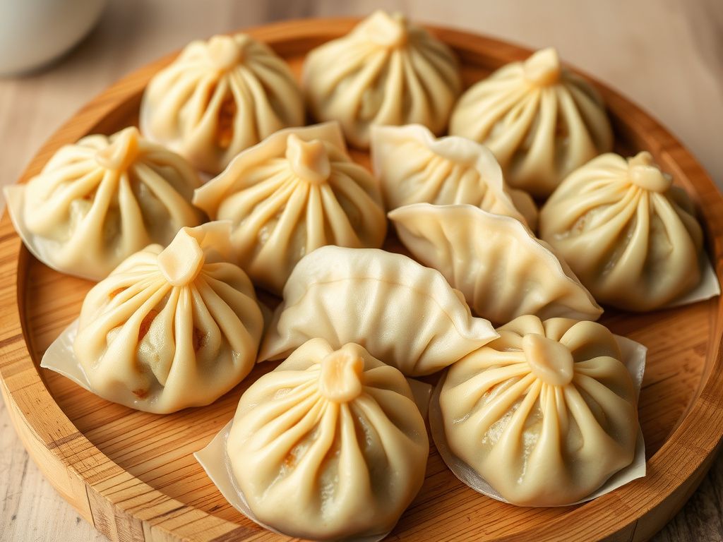 Handmade pork and vegetable dumplings arranged on a wooden tray