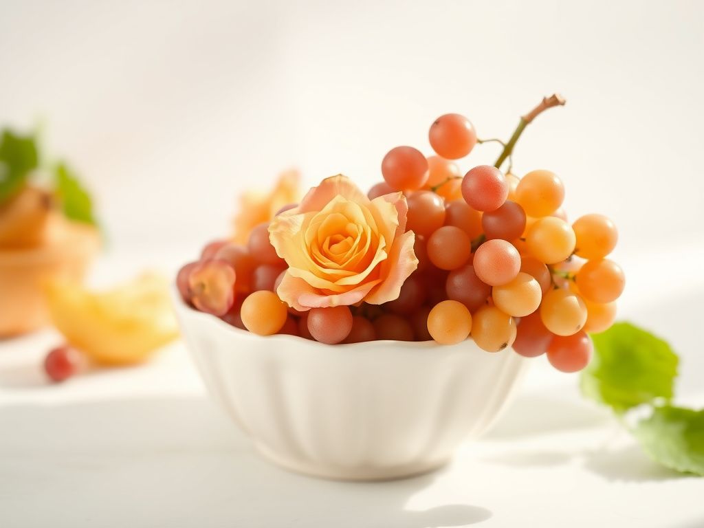 Fresh golden sunshine rose grapes in a cream ceramic bowl