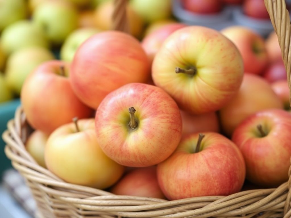Red Fuji apples in a woven market basket