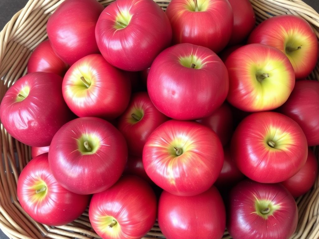 Juicy red apples stacked in a natural woven basket