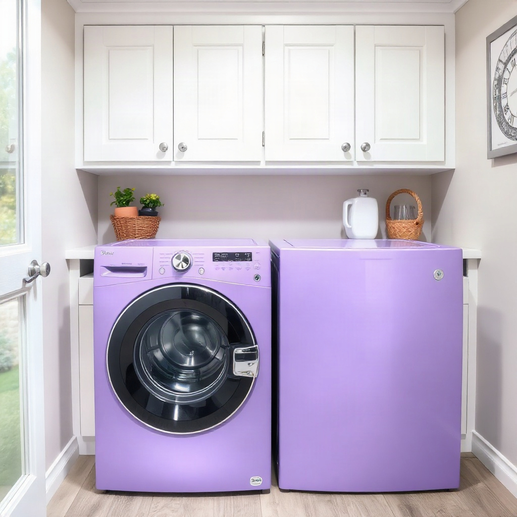 Purple front load washer dryer in a bright laundry room