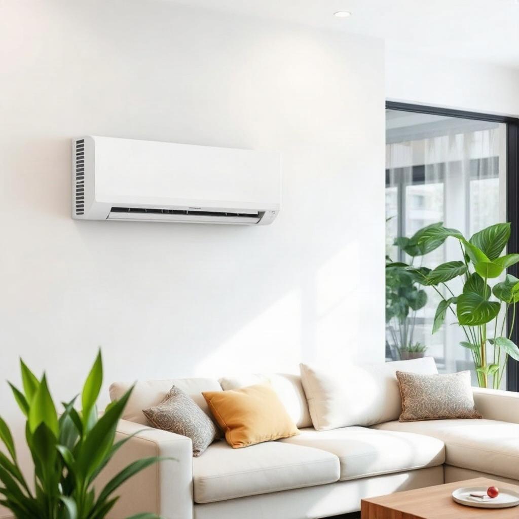 White wall mounted smart air conditioner in a modern living room