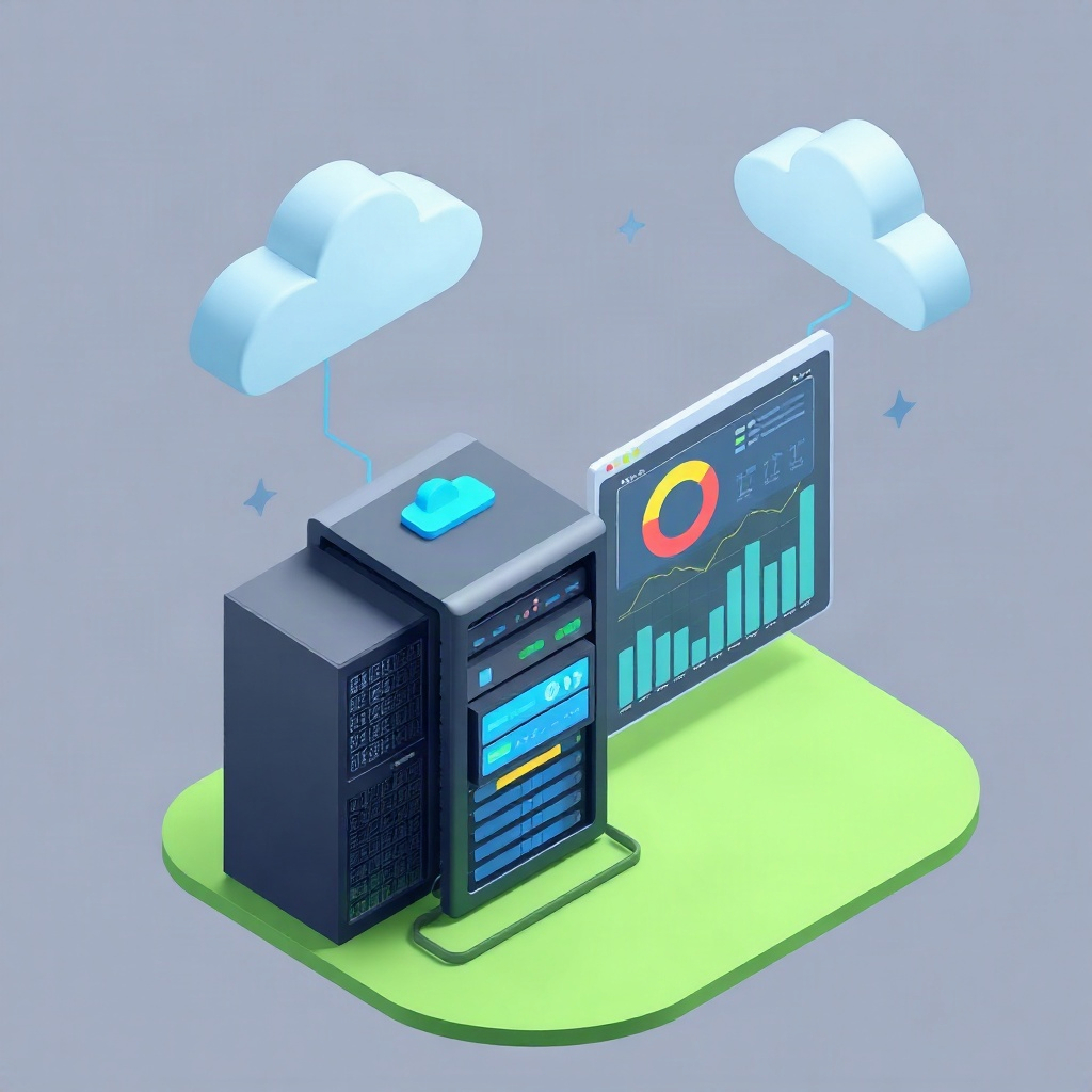 Isometric illustration of cloud service, server rack and data dashboard