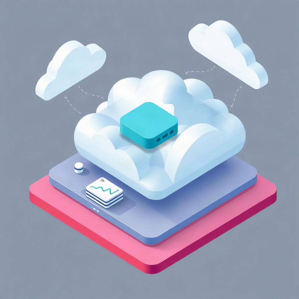 Isometric cloud infrastructure illustration with layered platform and analytics cards