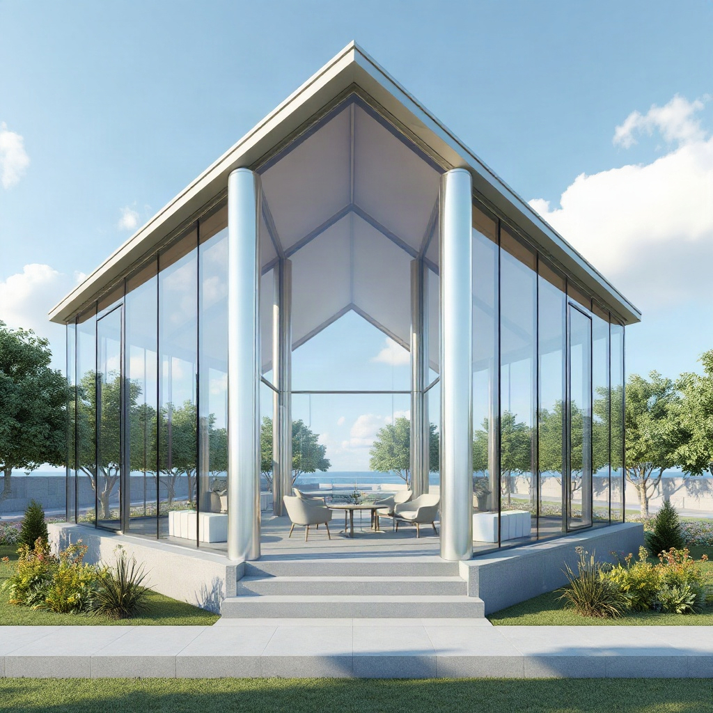 3D animation preview of a modular glass pavilion building exterior