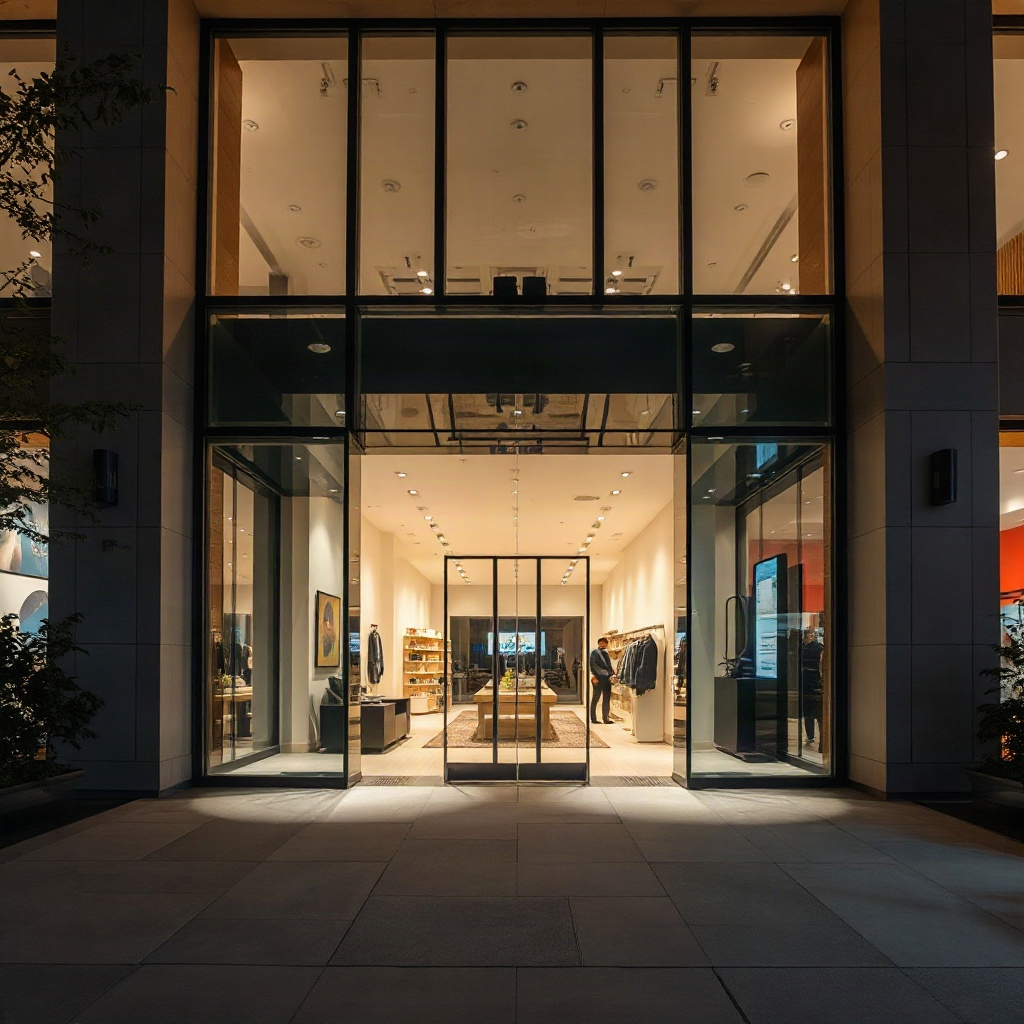 Modern aluminum-glass entrance of a corporate showroom at night