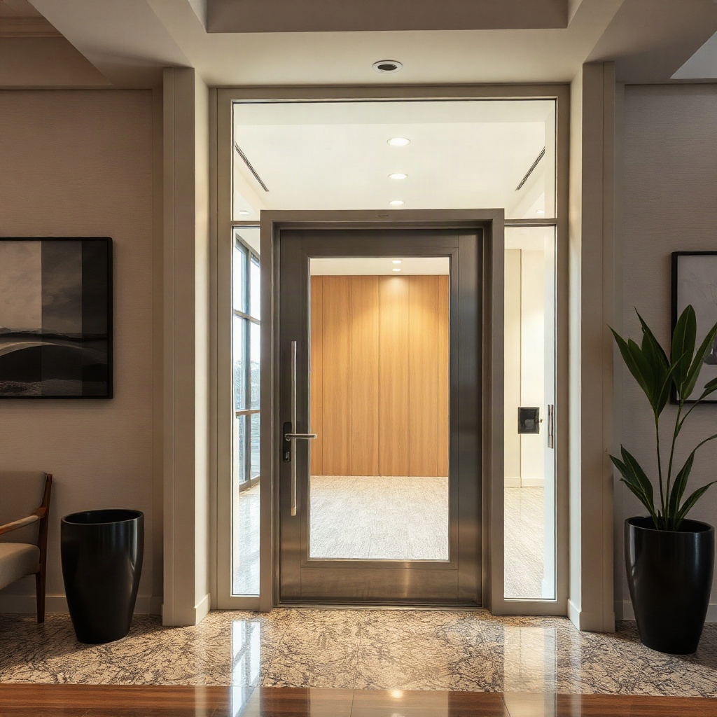 Aluminum entrance door with glass sidelight in a contemporary lobby