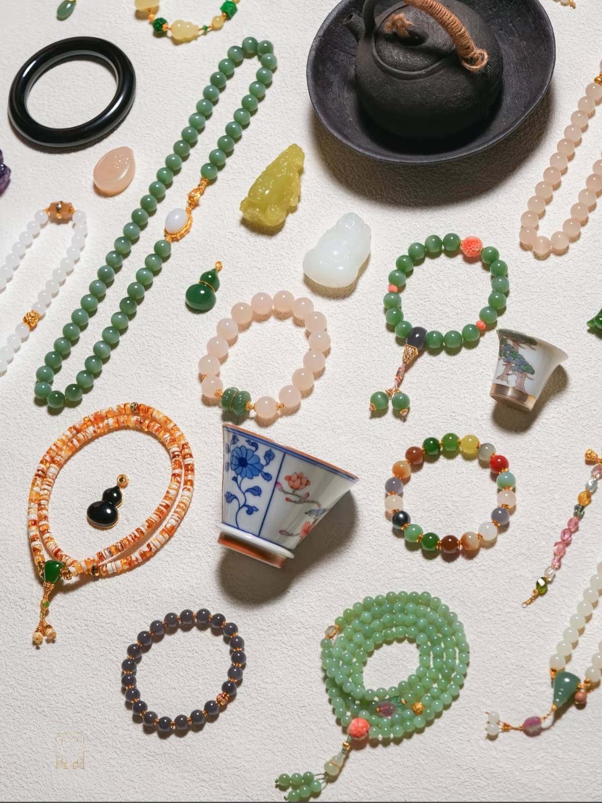 Classic 108 beads mala collection with jade and agate on white background