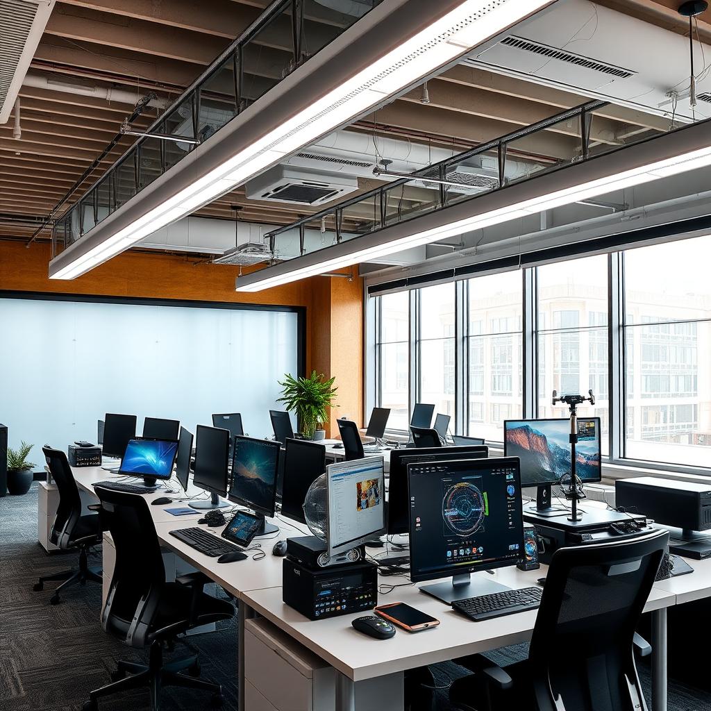 A modern office workspace with technology equipment