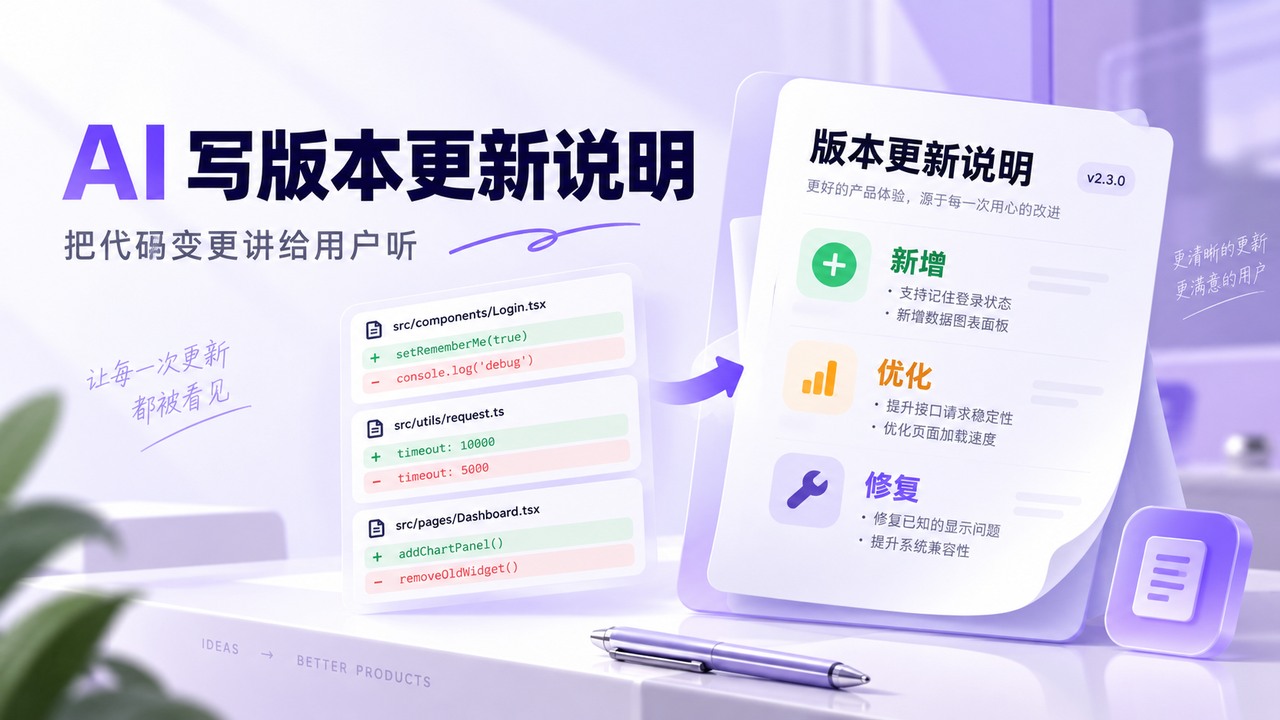 AI生成版本更新说明，将代码变更整理为用户能理解的更新内容