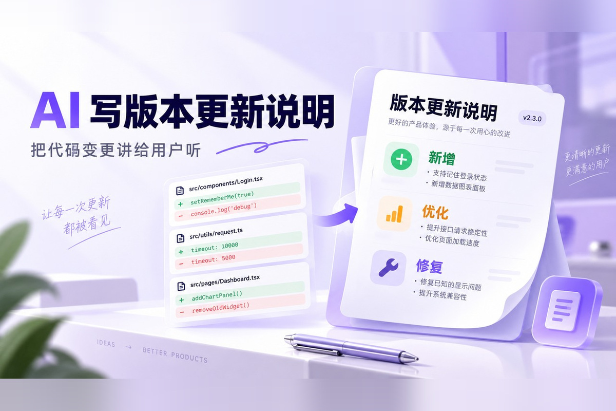 AI怎么写版本更新说明？把代码变更变成用户看得懂的内容文章封面