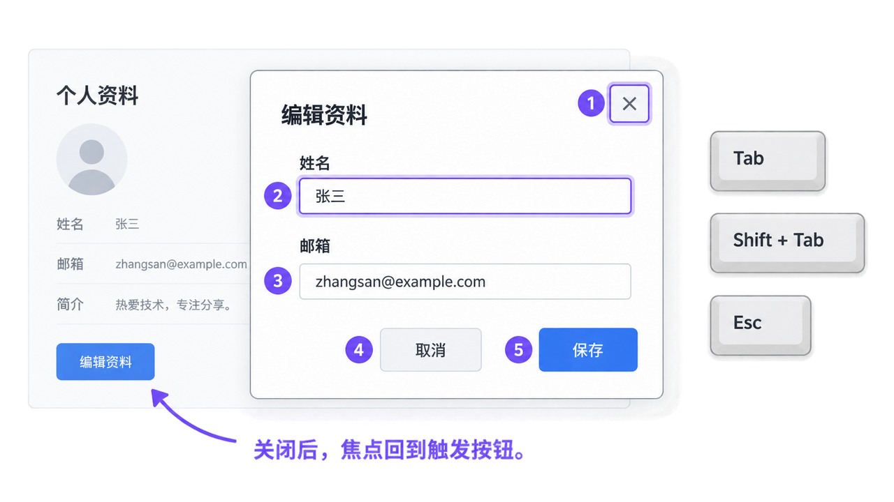 编辑资料弹窗的键盘焦点顺序与关闭后的焦点返回