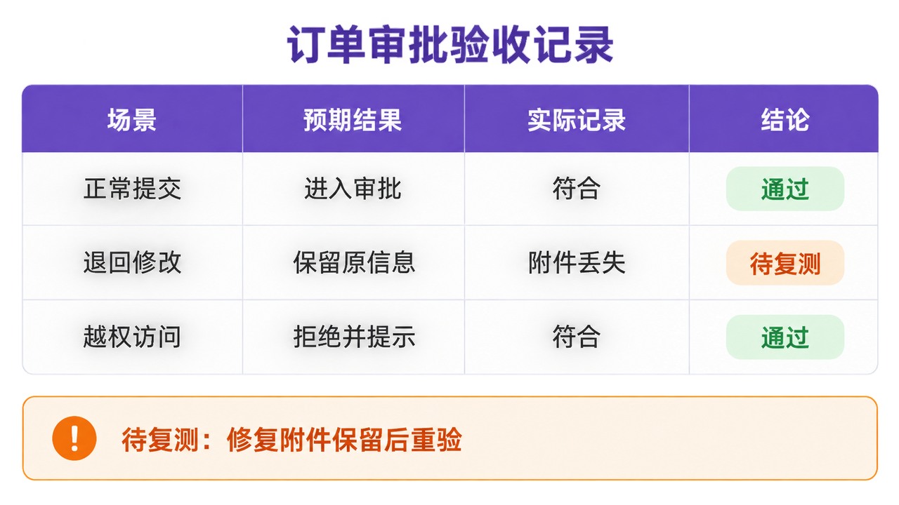 订单审批UAT验收记录:正常提交、退回修改和越权访问