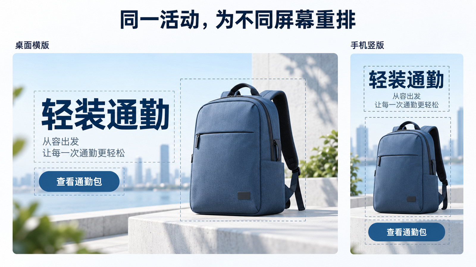轻装通勤活动在桌面轮播图与手机横幅中的安全区和按钮布局