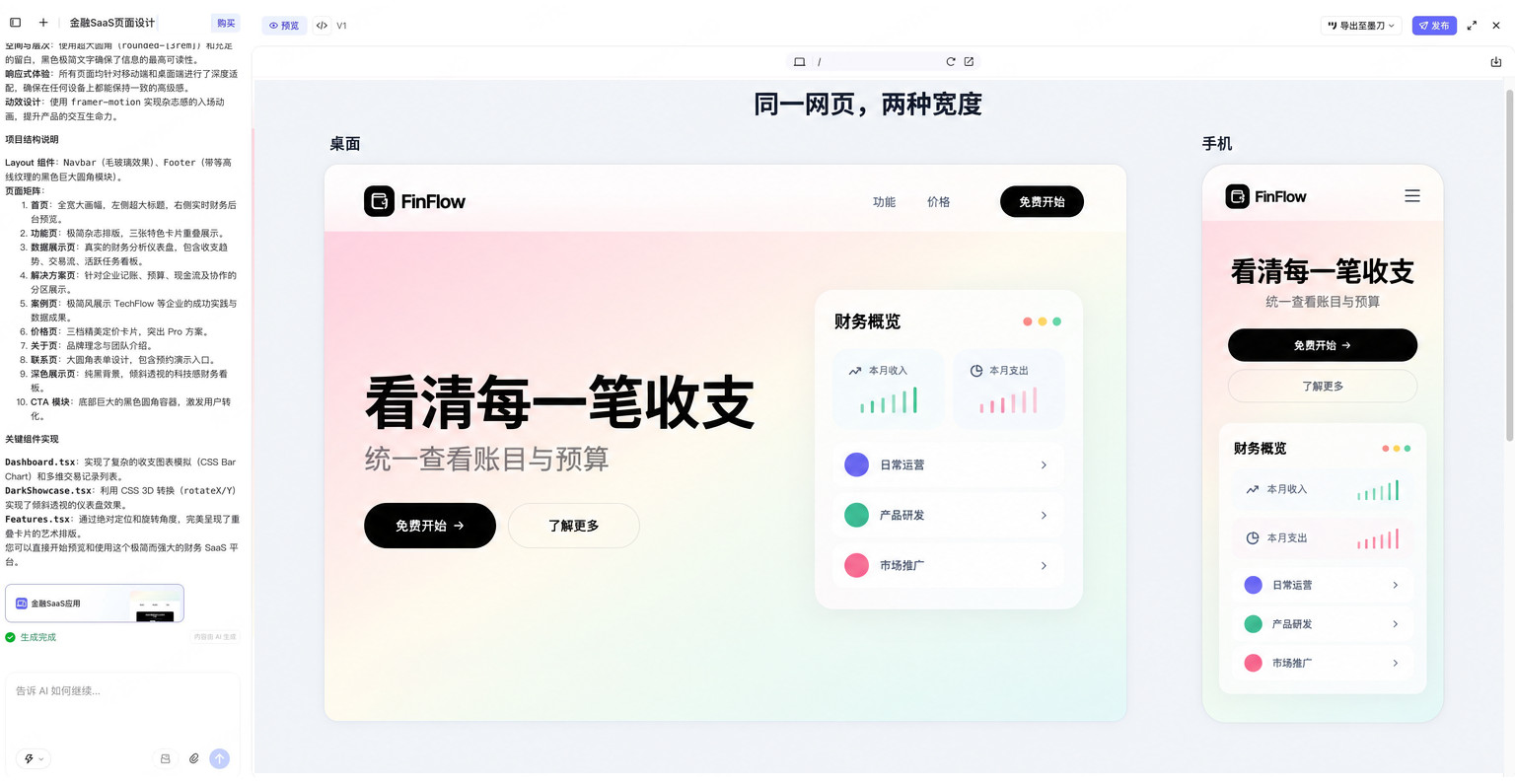墨刀AI网页预览中FinFlow首页在桌面和手机宽度下的导航与财务卡片布局