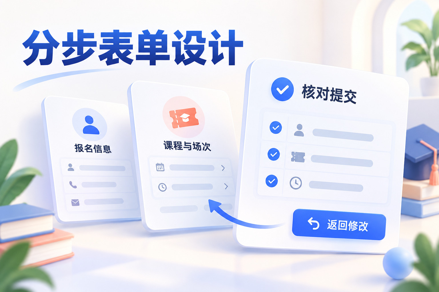 报名信息、课程场次与核对提交三个表单步骤,以及返回修改路径