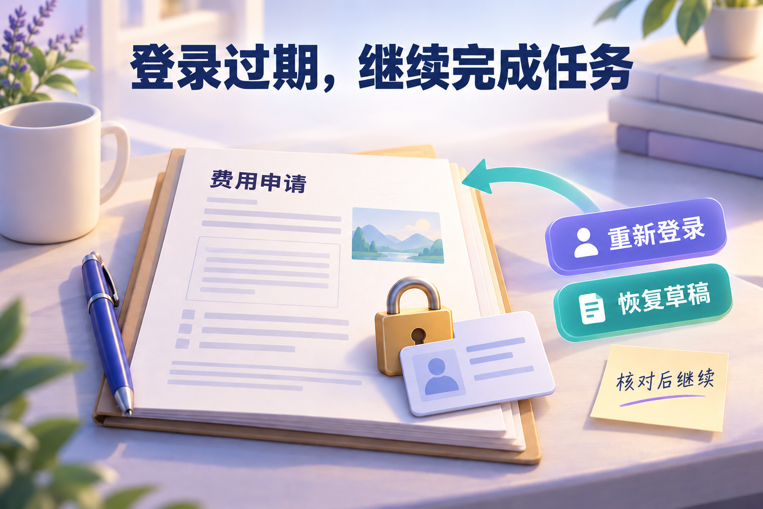 费用申请在重新登录后恢复草稿并核对继续的任务路径