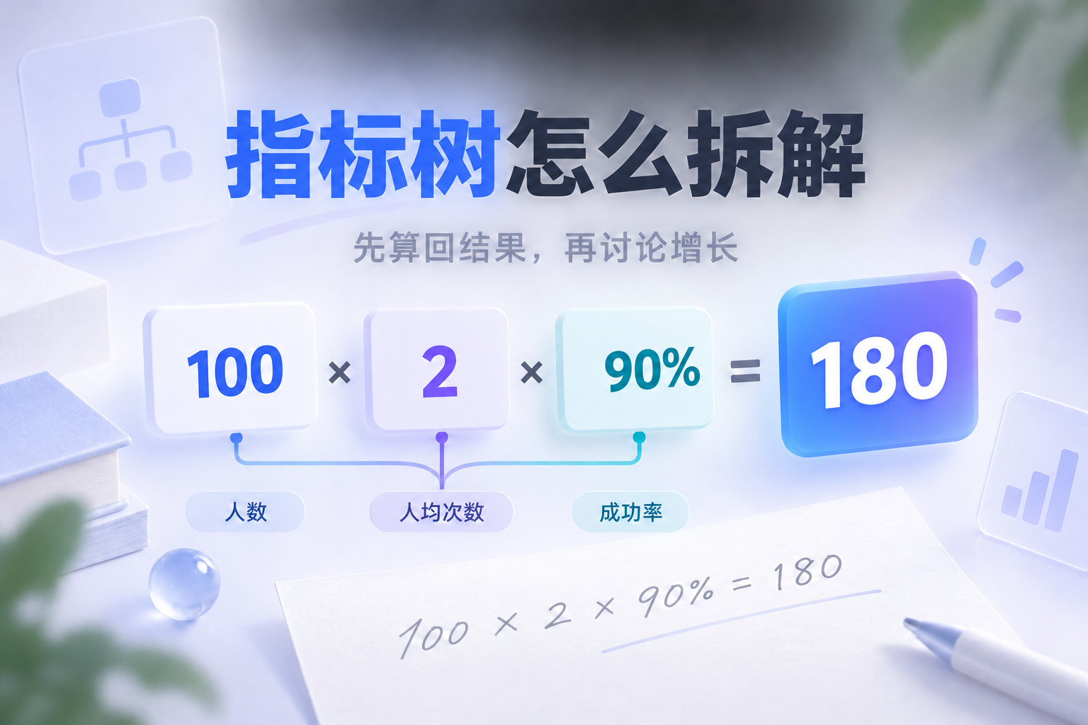 指标树拆解封面：100名发起用户乘人均2次任务乘90%成功率，得到180次有效成功