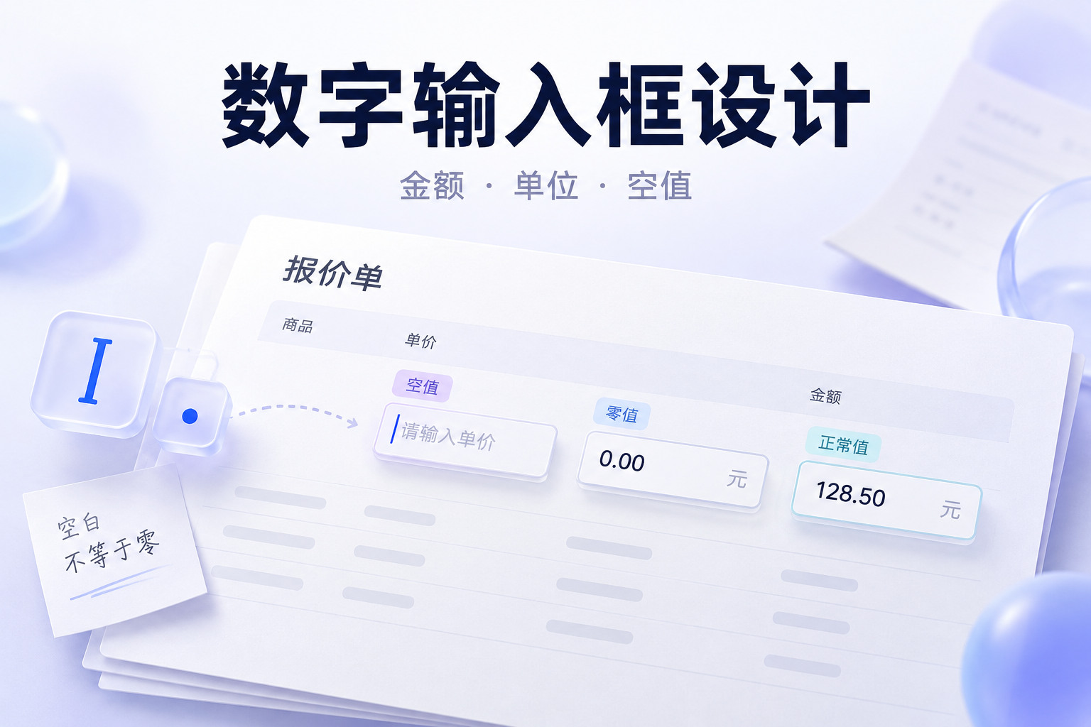 数字输入框设计封面：报价单中的空单价、0.00元与128.50元