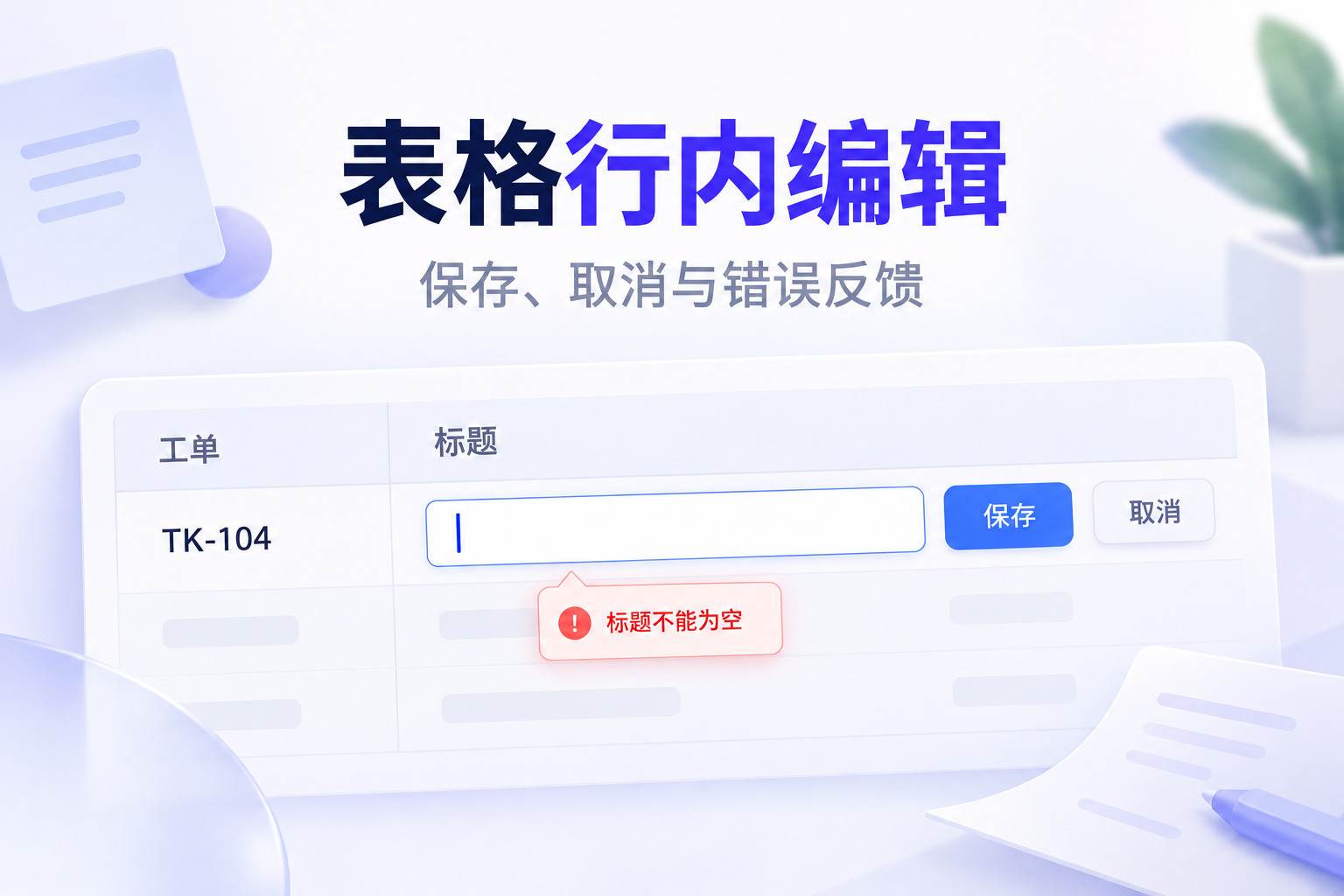 表格行内编辑封面：工单TK-104清空标题后显示必填错误，并保留保存与取消按钮