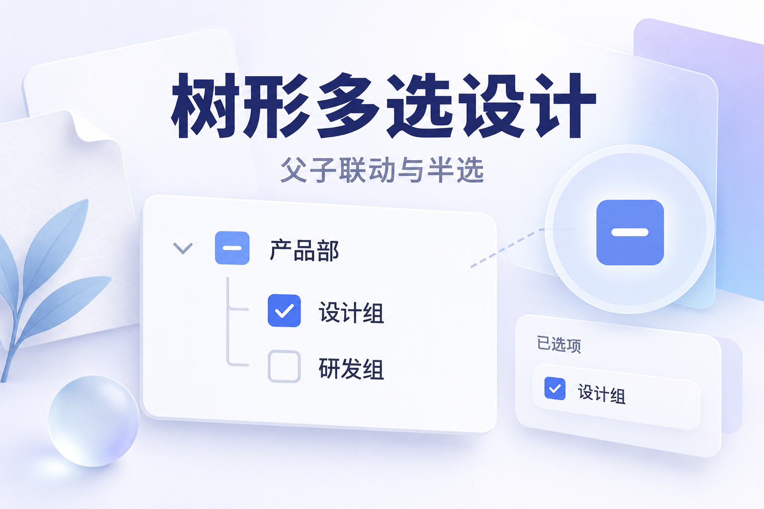 树形多选设计：产品部处于半选状态，设计组选中而研发组未选