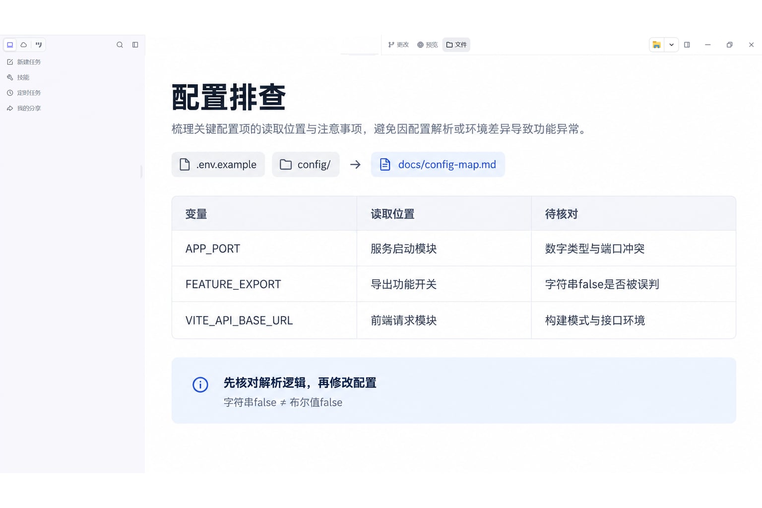 墨刀AI客户端中的配置排查任务,变量对照表标出功能开关字符串与构建阶段差异