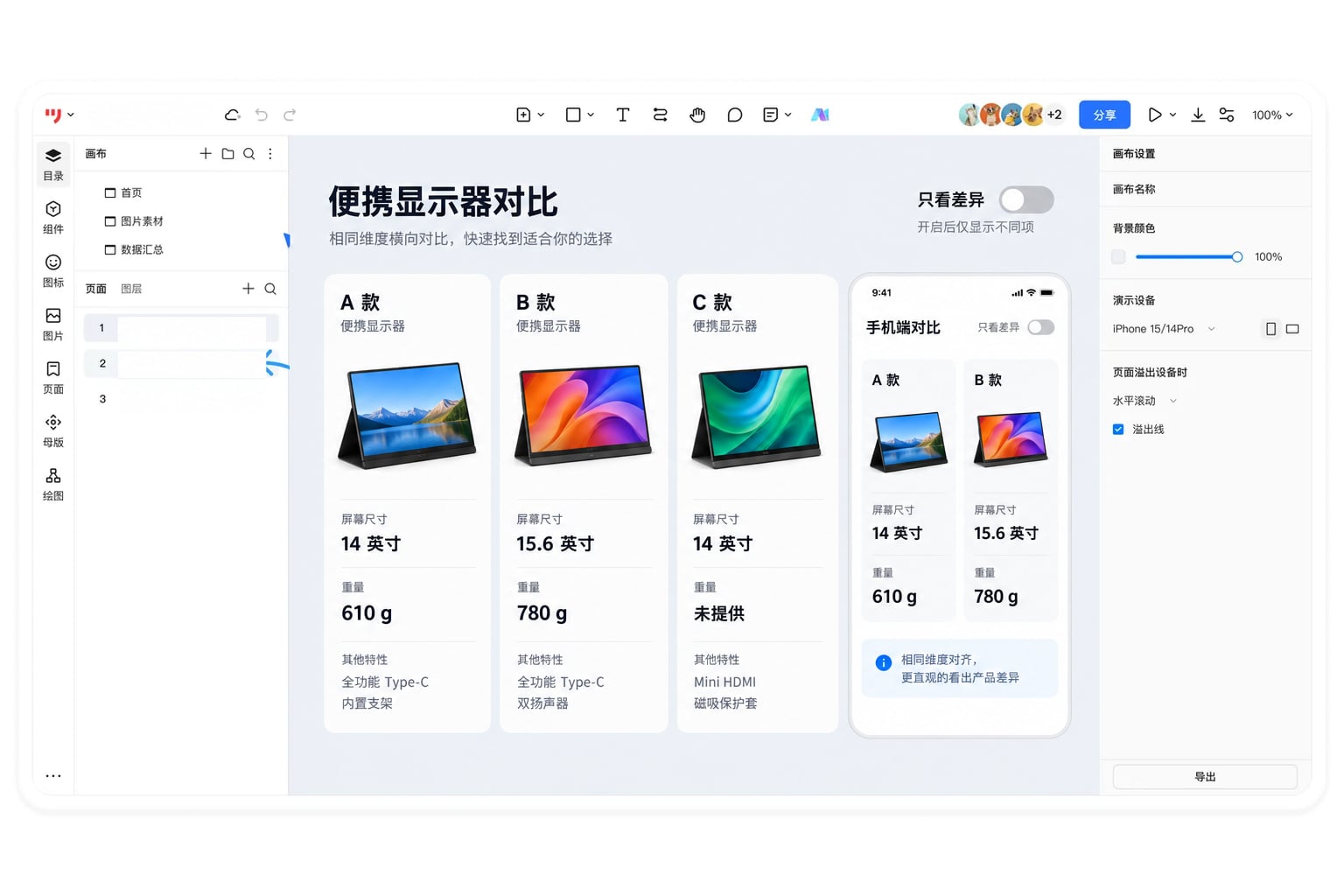 墨刀原型中的便携显示器对比页与手机双项比较页面