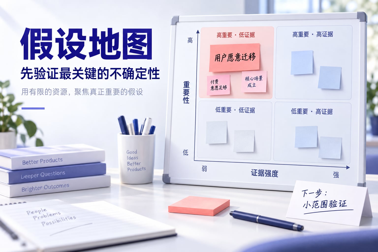 假设地图按重要性和证据强度排列产品假设并选出下一项验证