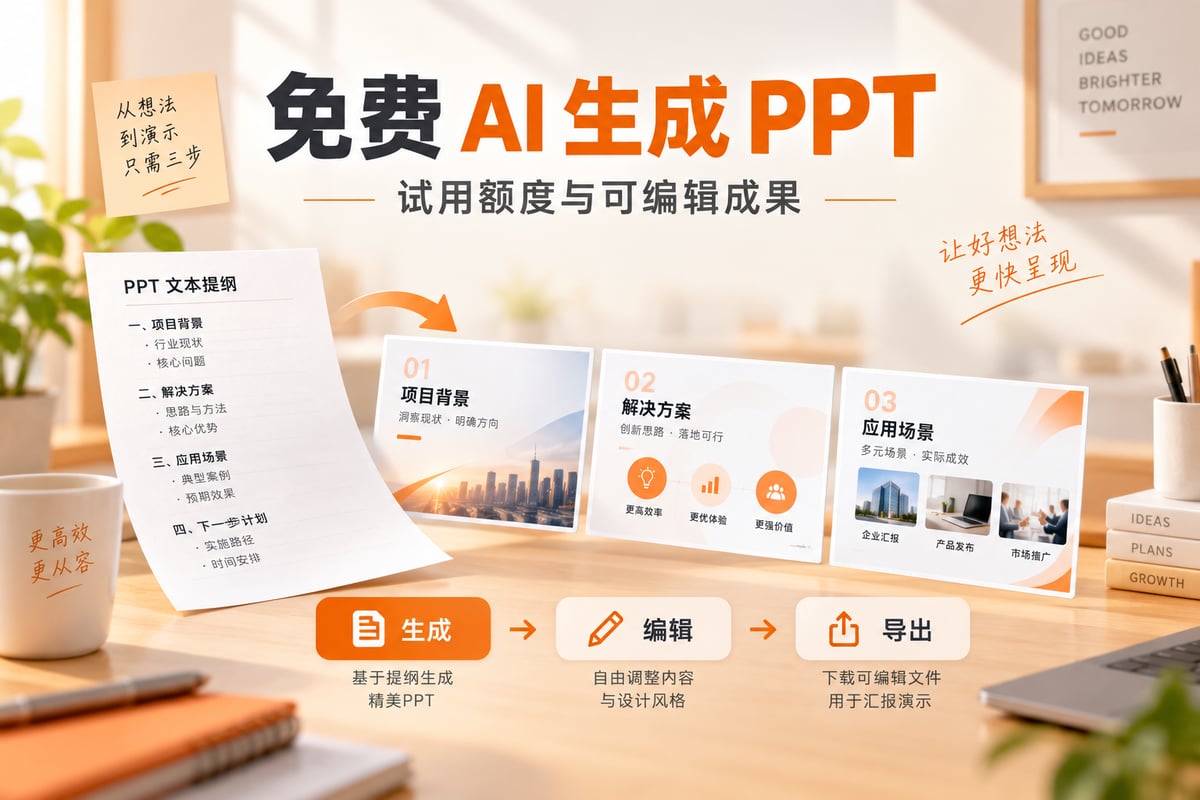 免费AI生成PPT工具怎么选？8款产品的额度与导出边界文章封面