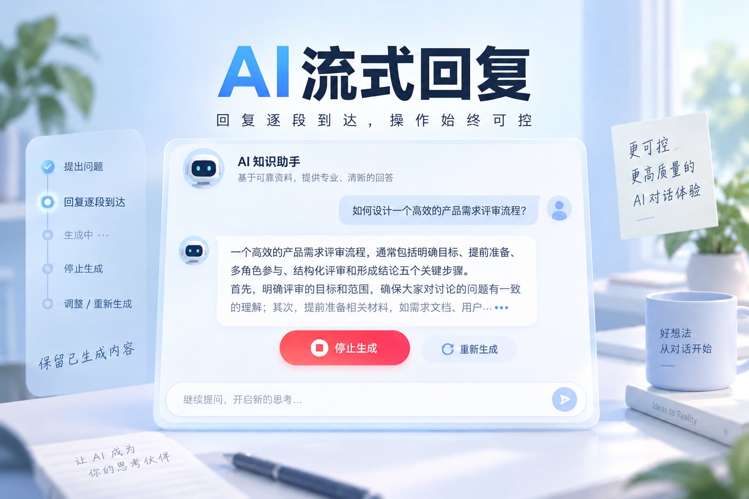 AI回复从生成中到停止保留内容及重新生成的交互