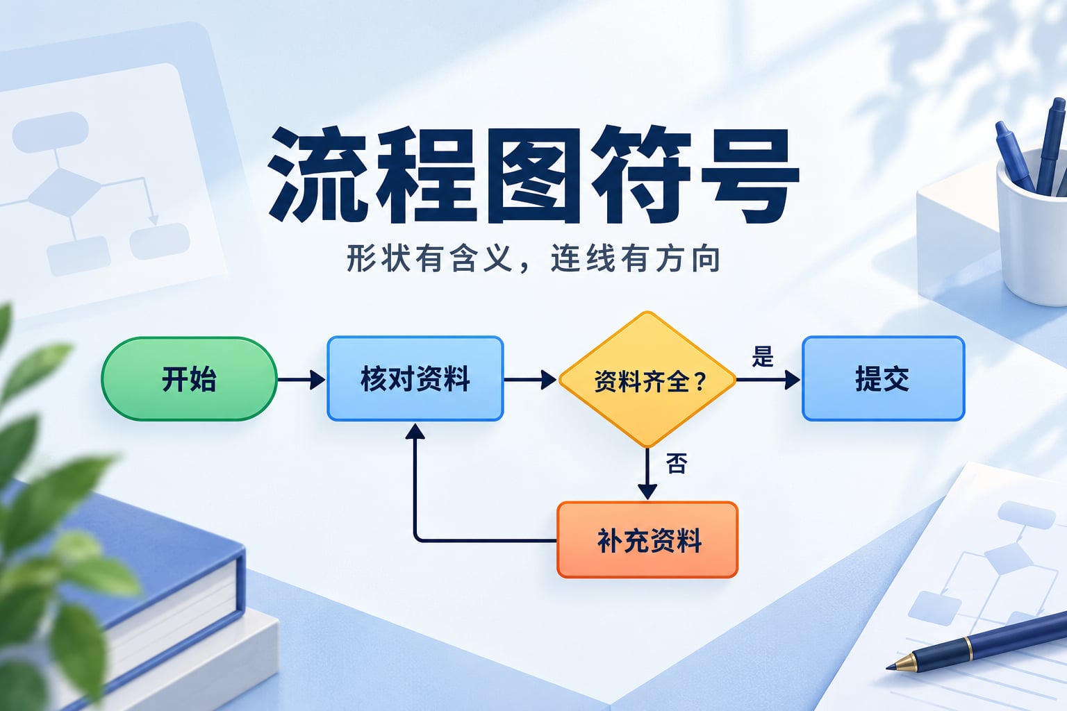 流程图开始、处理与判断符号，以及是和否两条分支的方向关系