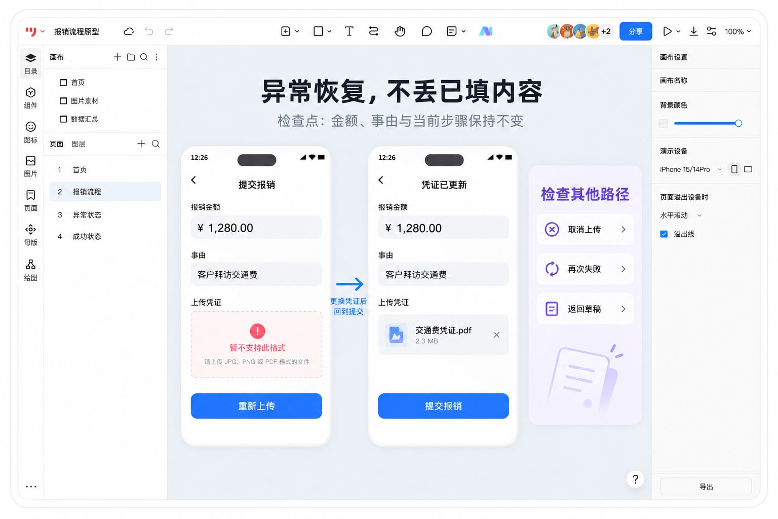 墨刀原型中报销凭证格式错误、重新选择和确认页面,保留1280元金额与报销事由
