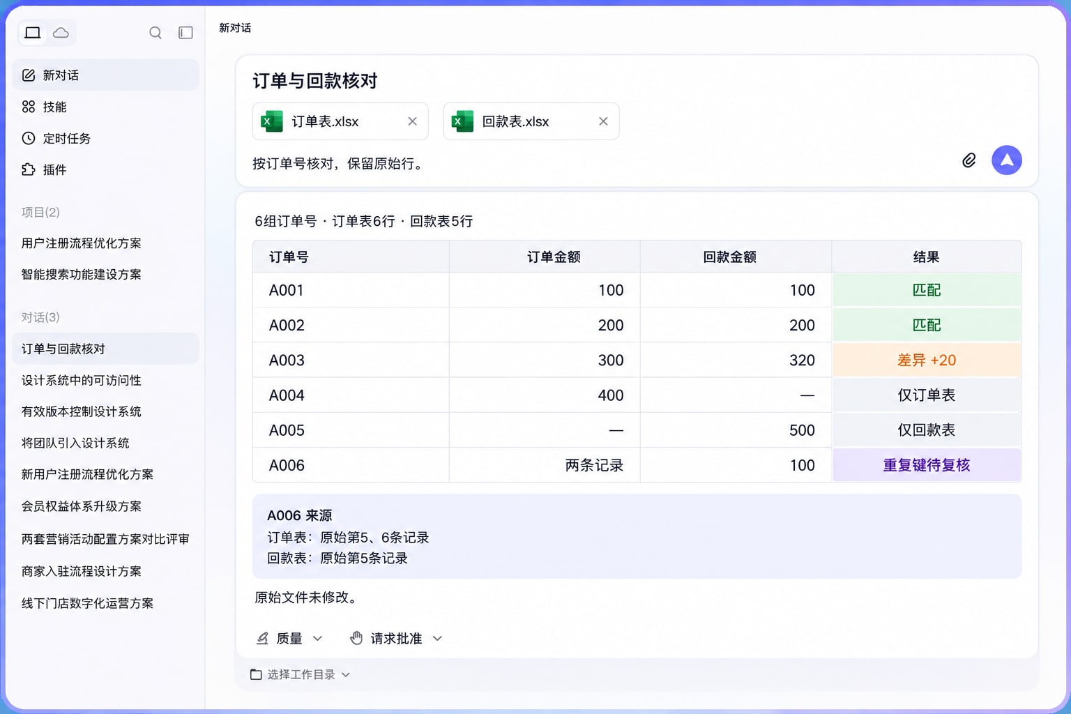 订单对账结果页按6组订单号展示匹配、金额差异、单侧记录与重复键待复核状态