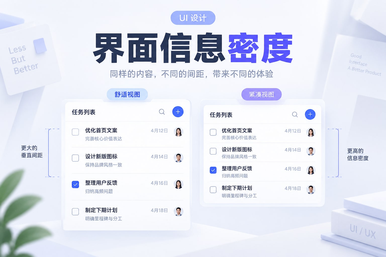 同一任务列表的舒适模式与紧凑模式，保持关键文字大小一致并调整间距和辅助信息