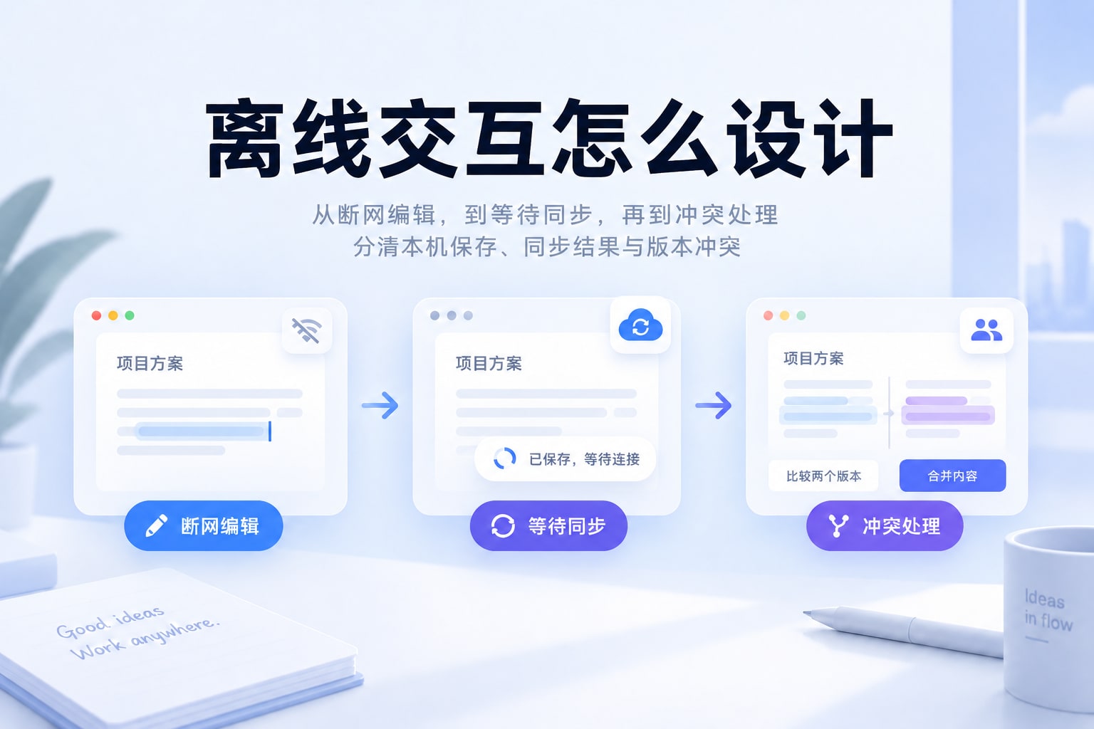 离线交互的三个关键状态:断网编辑、等待同步和版本冲突处理