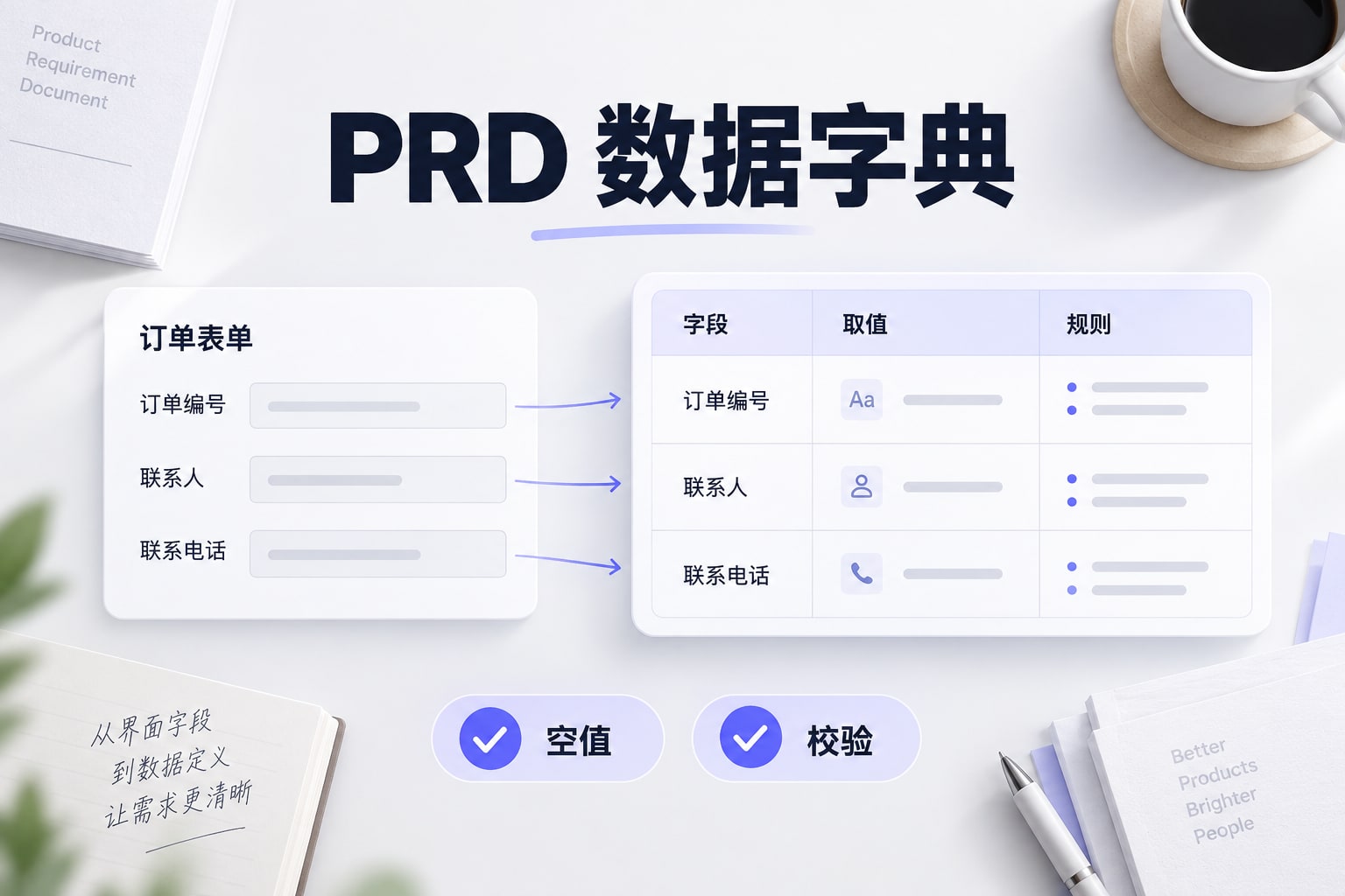 PRD数据字典把订单资料表单中的字段对应到取值范围和校验规则