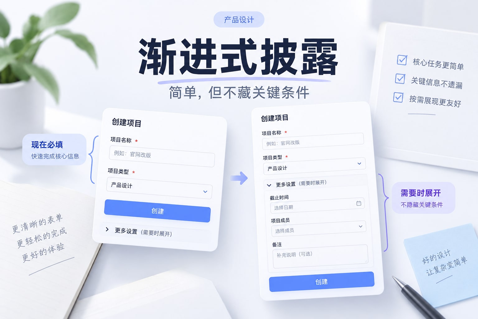 渐进式披露把现在需要的信息与按需展开的设置分层，同时保留关键条件